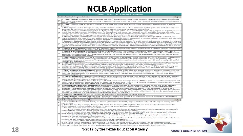 NCLB Application 18 © 2017 by the Texas Education Agency 