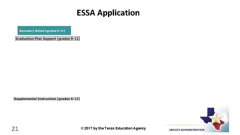 ESSA Application 21 © 2017 by the Texas Education Agency 
