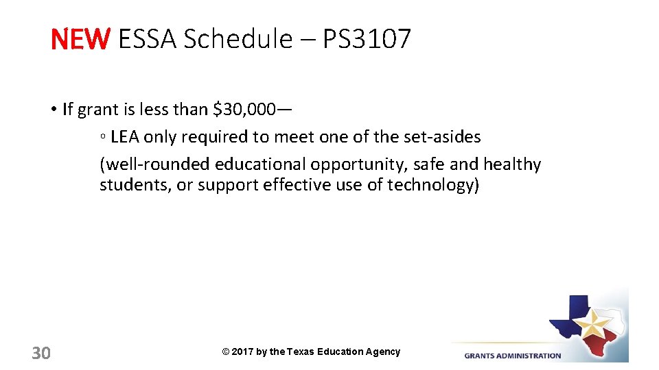 NEW ESSA Schedule – PS 3107 • If grant is less than $30, 000—