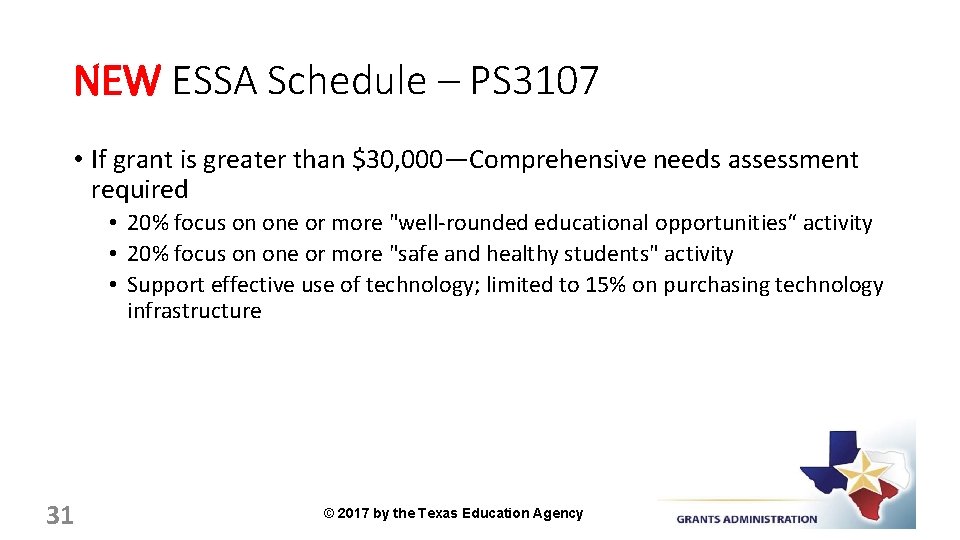 NEW ESSA Schedule – PS 3107 • If grant is greater than $30, 000—Comprehensive