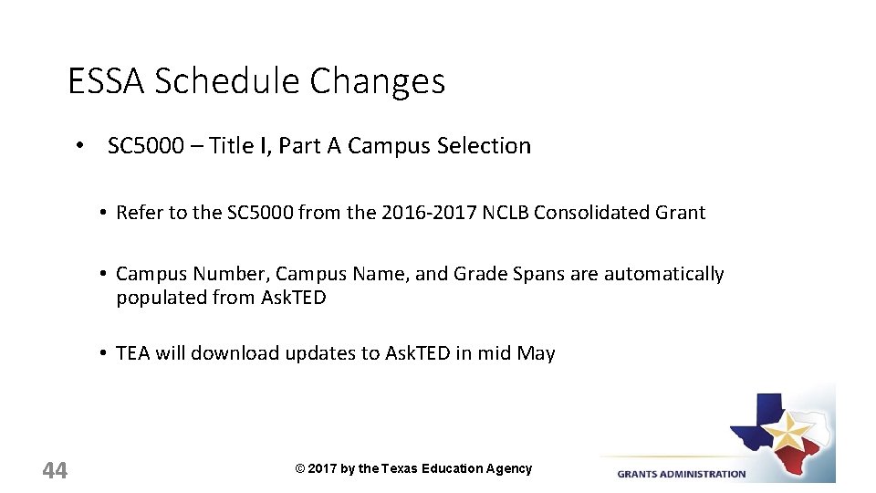 ESSA Schedule Changes • SC 5000 – Title I, Part A Campus Selection •