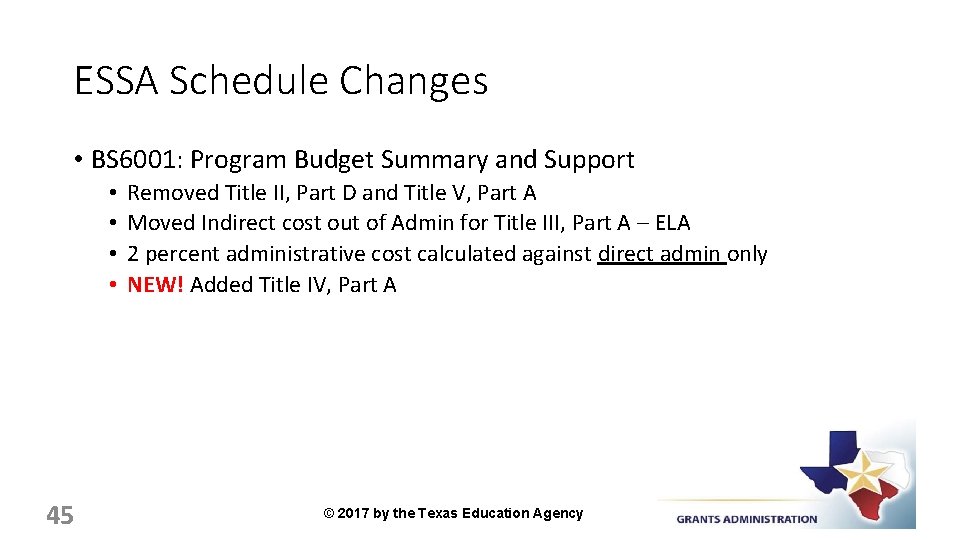 ESSA Schedule Changes • BS 6001: Program Budget Summary and Support • • 45