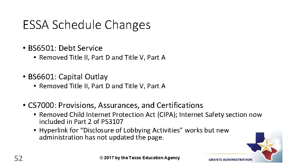 ESSA Schedule Changes • BS 6501: Debt Service • Removed Title II, Part D