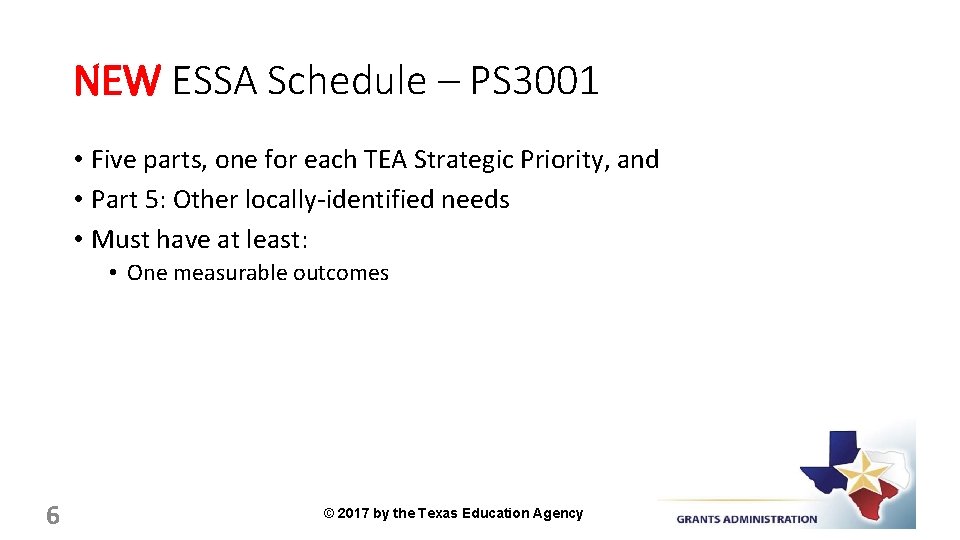 NEW ESSA Schedule – PS 3001 • Five parts, one for each TEA Strategic