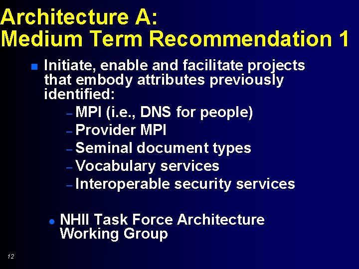 Architecture A: Medium Term Recommendation 1 n Initiate, enable and facilitate projects that embody