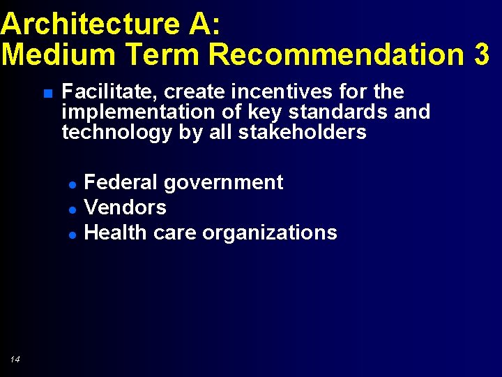Architecture A: Medium Term Recommendation 3 n Facilitate, create incentives for the implementation of