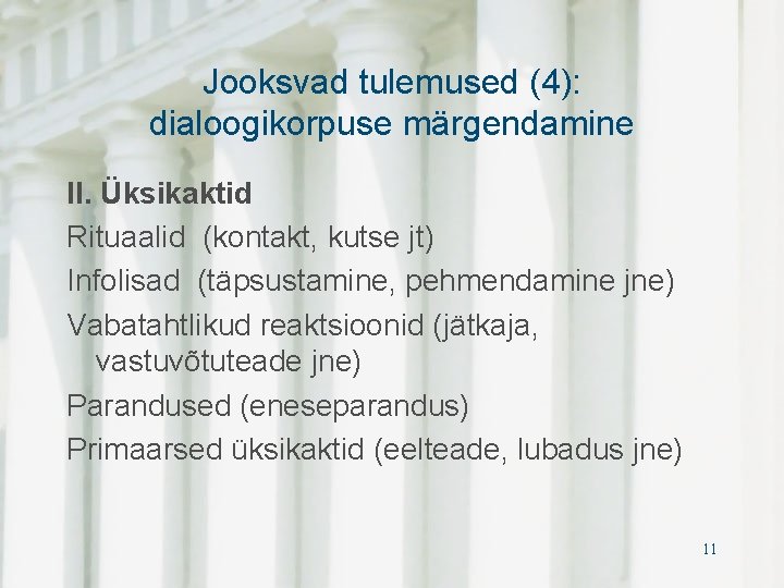 Jooksvad tulemused (4): dialoogikorpuse märgendamine II. Üksikaktid Rituaalid (kontakt, kutse jt) Infolisad (täpsustamine, pehmendamine