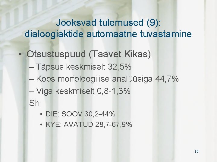 Jooksvad tulemused (9): dialoogiaktide automaatne tuvastamine • Otsustuspuud (Taavet Kikas) – Täpsus keskmiselt 32,
