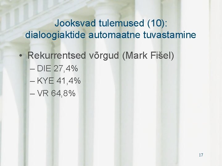 Jooksvad tulemused (10): dialoogiaktide automaatne tuvastamine • Rekurrentsed võrgud (Mark Fišel) – DIE 27,