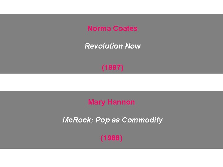 Norma Coates Revolution Now (1997) Mary Hannon Mc. Rock: Pop as Commodity (1988) 