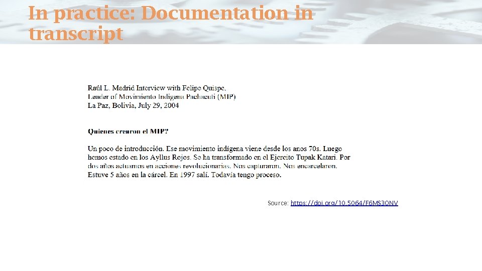 In practice: Documentation in transcript Source: https: //doi. org/10. 5064/F 6 MS 3 QNV