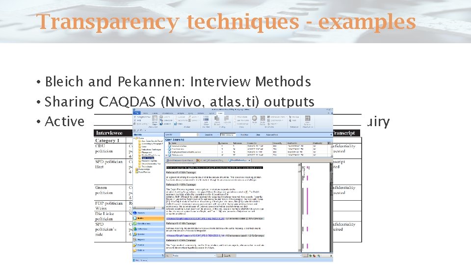 Transparency techniques - examples • Bleich and Pekannen: Interview Methods • Sharing CAQDAS (Nvivo,