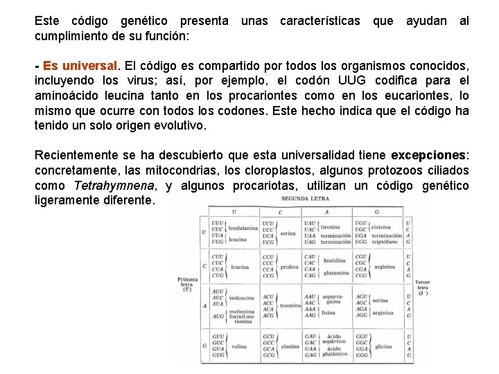 Este código genético presenta unas características que ayudan al cumplimiento de su función: -