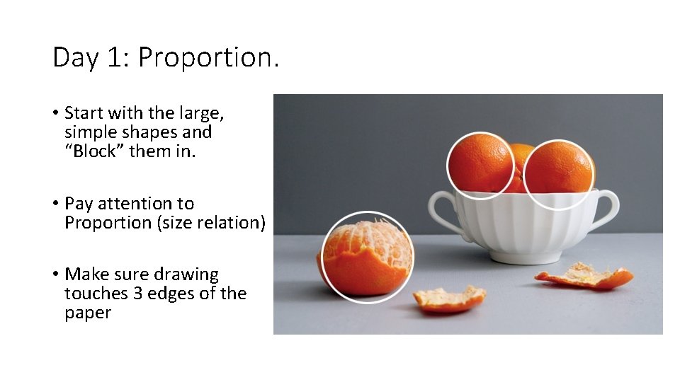 Day 1: Proportion. • Start with the large, simple shapes and “Block” them in.