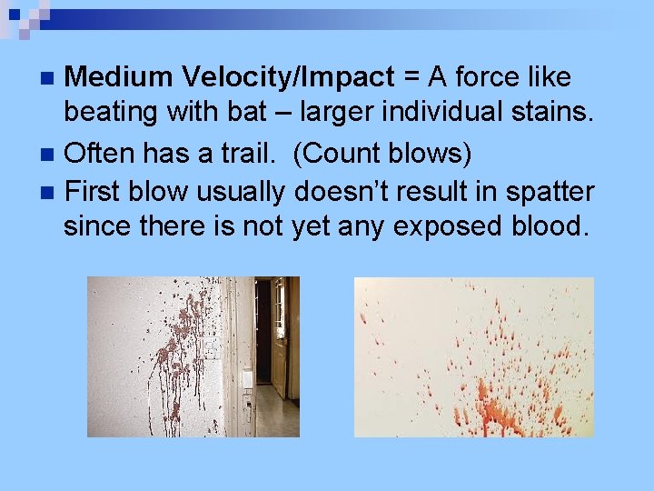 Medium Velocity/Impact = A force like beating with bat – larger individual stains. n