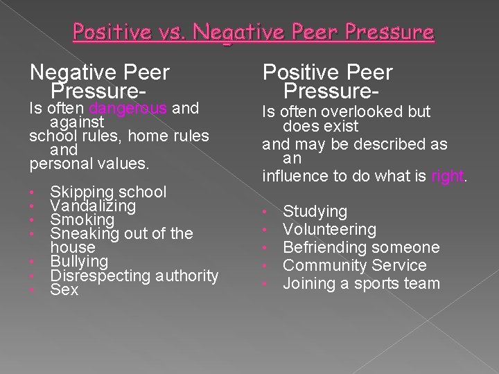 Positive vs. Negative Peer Pressure- Positive Peer Pressure- Skipping school Vandalizing Smoking Sneaking out