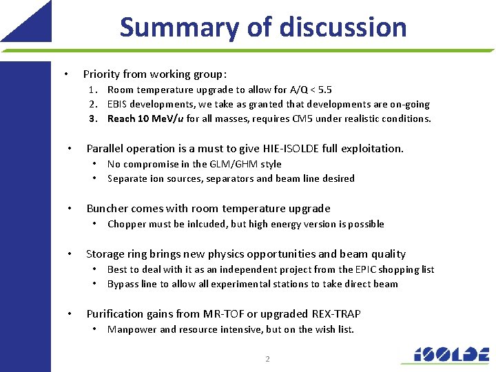 Summary of discussion • Priority from working group: 1. Room temperature upgrade to allow