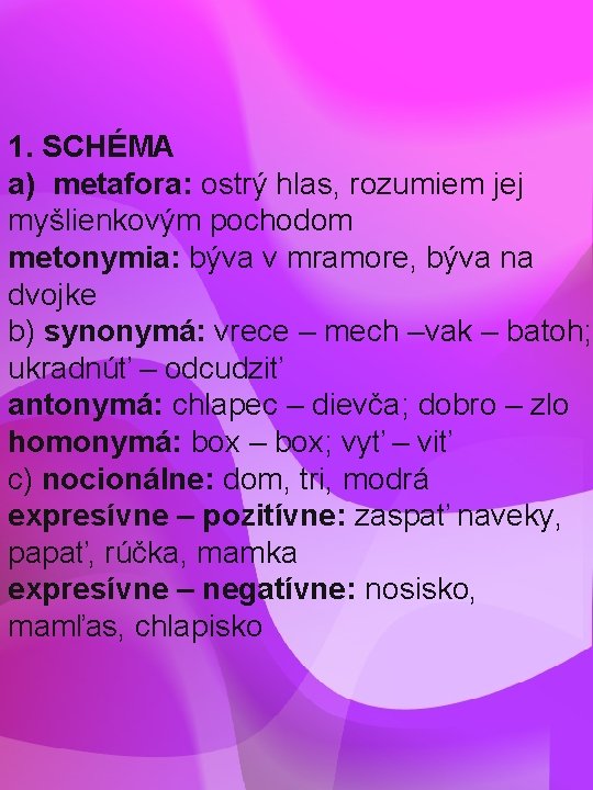 1. SCHÉMA a) metafora: ostrý hlas, rozumiem jej myšlienkovým pochodom metonymia: býva v mramore,