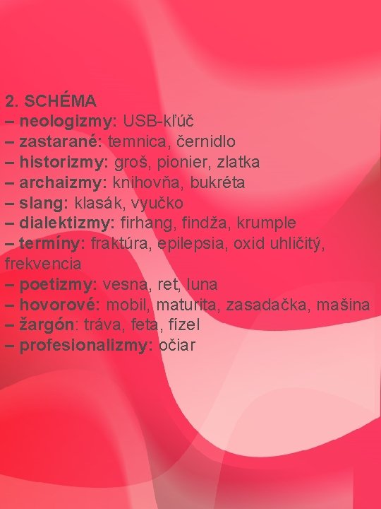 2. SCHÉMA – neologizmy: USB-kľúč – zastarané: temnica, černidlo – historizmy: groš, pionier, zlatka