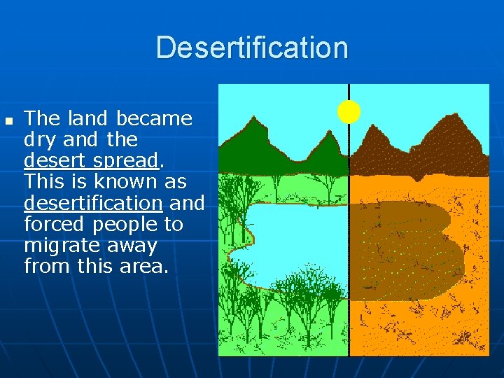 Desertification n The land became dry and the desert spread. This is known as