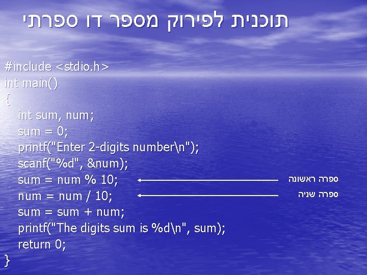  תוכנית לפירוק מספר דו ספרתי #include <stdio. h> int main() { int sum,