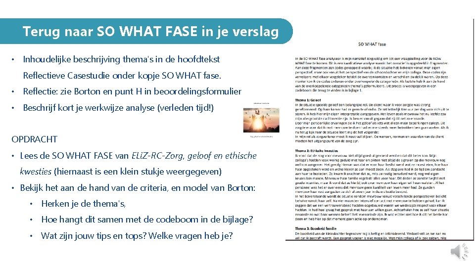 Terug naar SO WHAT FASE in je verslag • Inhoudelijke beschrijving thema's in de