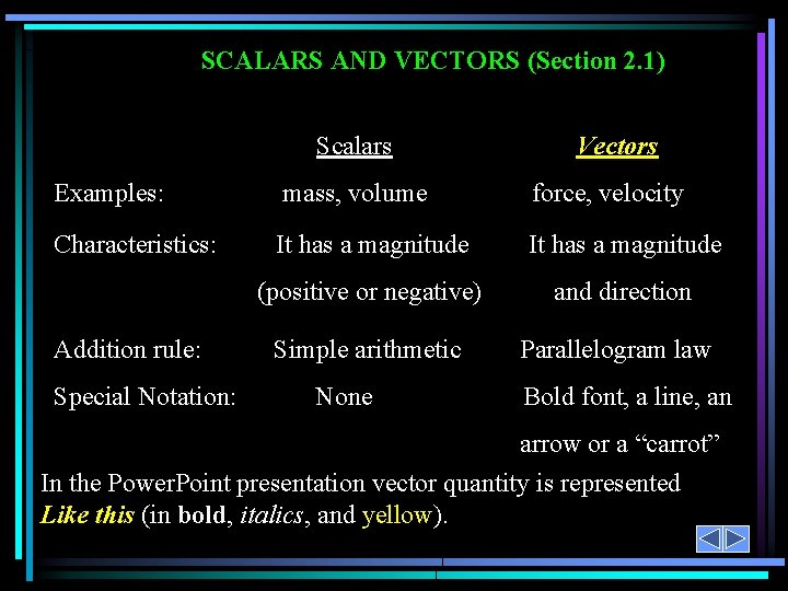 SCALARS AND VECTORS (Section 2. 1) Scalars Vectors Examples: mass, volume force, velocity Characteristics: