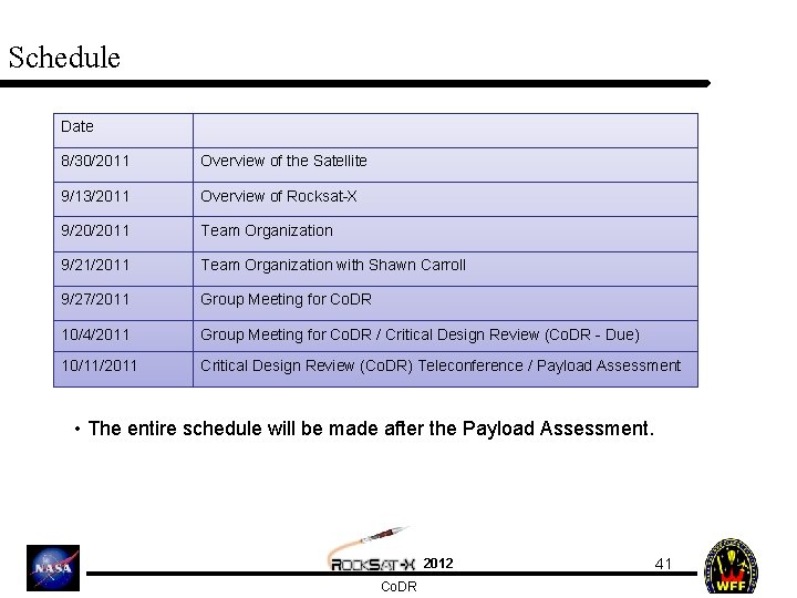 Schedule Date 8/30/2011 Overview of the Satellite 9/13/2011 Overview of Rocksat-X 9/20/2011 Team Organization