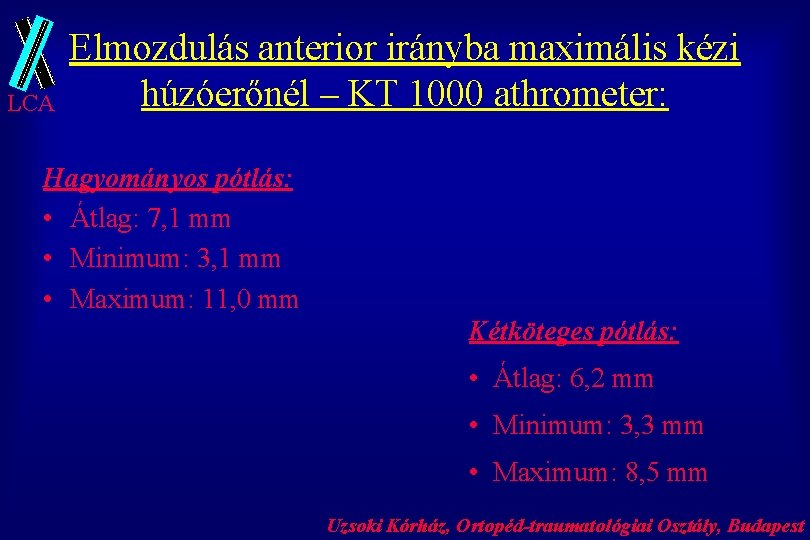 LCA Elmozdulás anterior irányba maximális kézi húzóerőnél – KT 1000 athrometer: Hagyományos pótlás: •