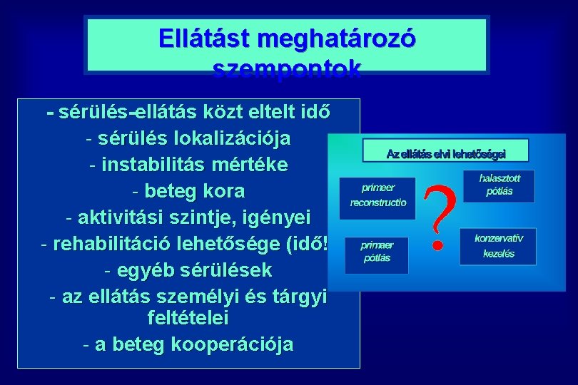 Ellátást meghatározó szempontok - sérülés-ellátás közt eltelt idő - sérülés lokalizációja - instabilitás mértéke