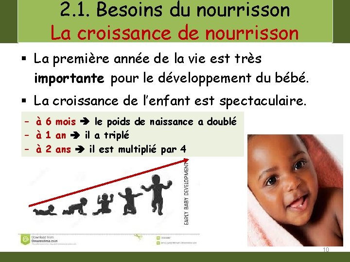 2. 1. Besoins du nourrisson La croissance de nourrisson § La première année de