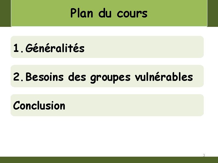 Plan du cours 1. Généralités 2. Besoins des groupes vulnérables Conclusion 3 