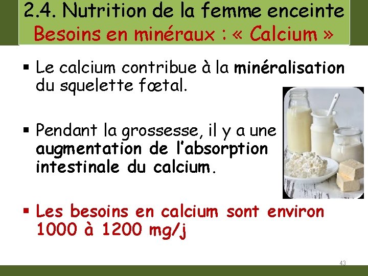 2. 4. Nutrition de la femme enceinte Besoins en minéraux : « Calcium »