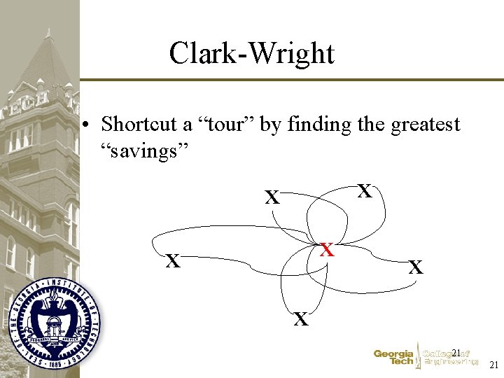 Clark-Wright • Shortcut a “tour” by finding the greatest “savings” x x x 21