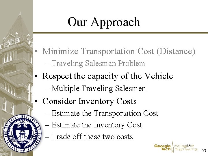 Our Approach • Minimize Transportation Cost (Distance) – Traveling Salesman Problem • Respect the