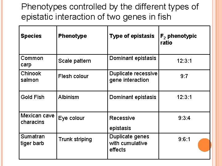 Phenotypes controlled by the different types of epistatic interaction of two genes in fish