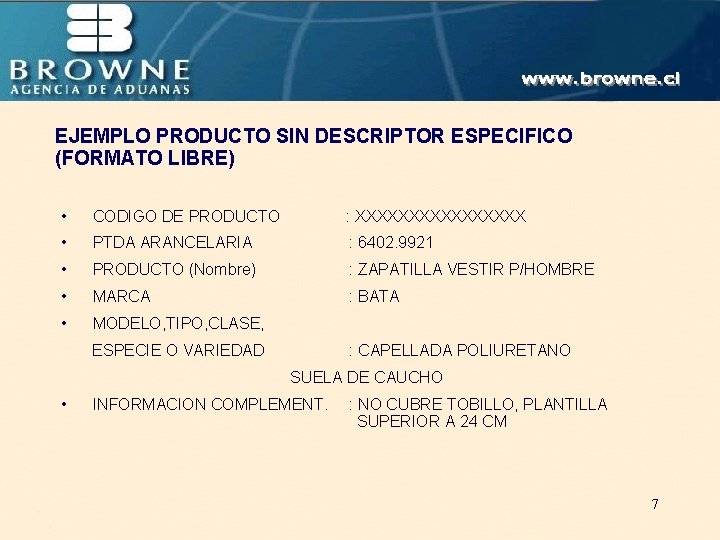 EJEMPLO PRODUCTO SIN DESCRIPTOR ESPECIFICO (FORMATO LIBRE) • CODIGO DE PRODUCTO : XXXXXXXX •