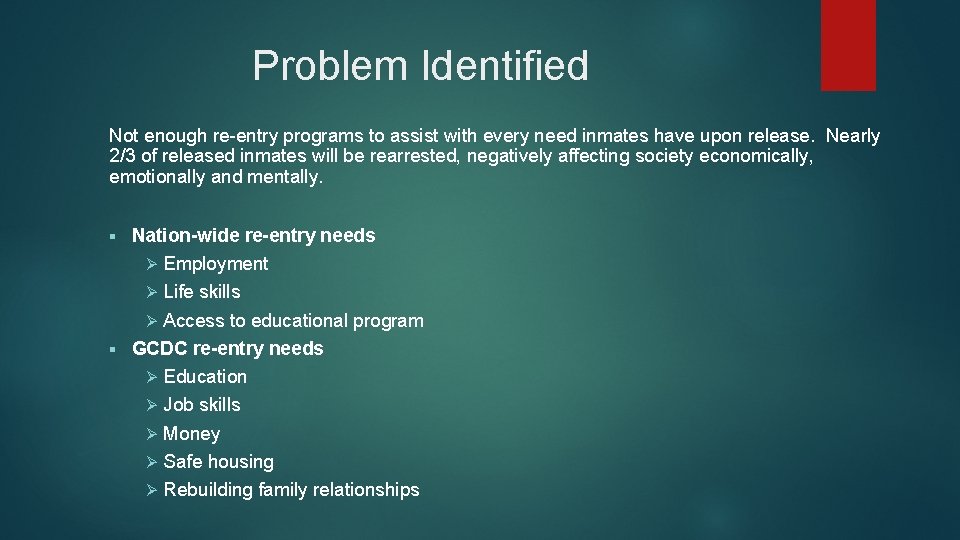 Problem Identified Not enough re entry programs to assist with every need inmates have