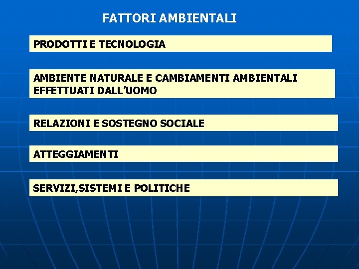 FATTORI AMBIENTALI PRODOTTI E TECNOLOGIA AMBIENTE NATURALE E CAMBIAMENTI AMBIENTALI EFFETTUATI DALL’UOMO RELAZIONI E FATTORI AMBIENTALI PRODOTTI E TECNOLOGIA AMBIENTE NATURALE E CAMBIAMENTI AMBIENTALI EFFETTUATI DALL’UOMO RELAZIONI E