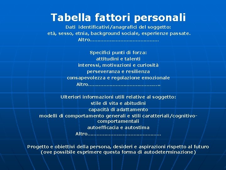 Tabella fattori personali Dati identificativi/anagrafici del soggetto: età, sesso, etnia, background sociale, esperienze passate. Tabella fattori personali Dati identificativi/anagrafici del soggetto: età, sesso, etnia, background sociale, esperienze passate.