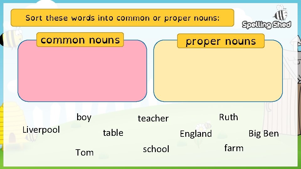 Sort these words into common or proper nouns: common nouns boy Liverpool proper nouns