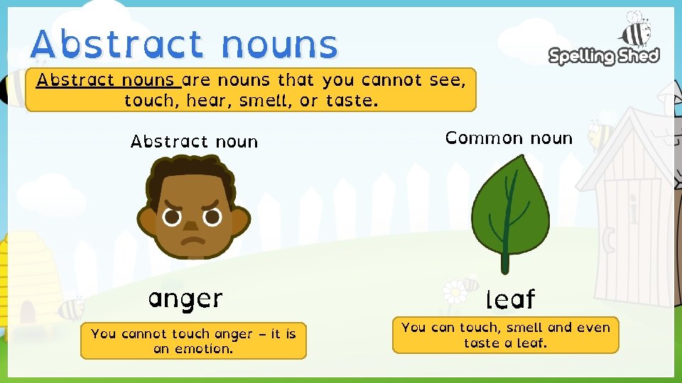 Abstract nouns are nouns that you cannot see, touch, hear, smell, or taste. Abstract