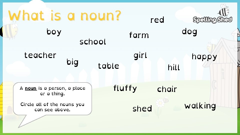 What is a noun? boy teacher A noun is a person, a place or