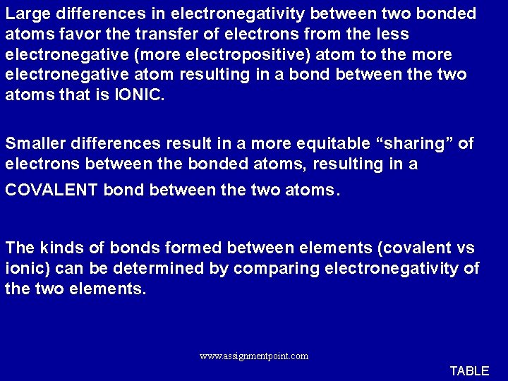 Large differences in electronegativity between two bonded atoms favor the transfer of electrons from