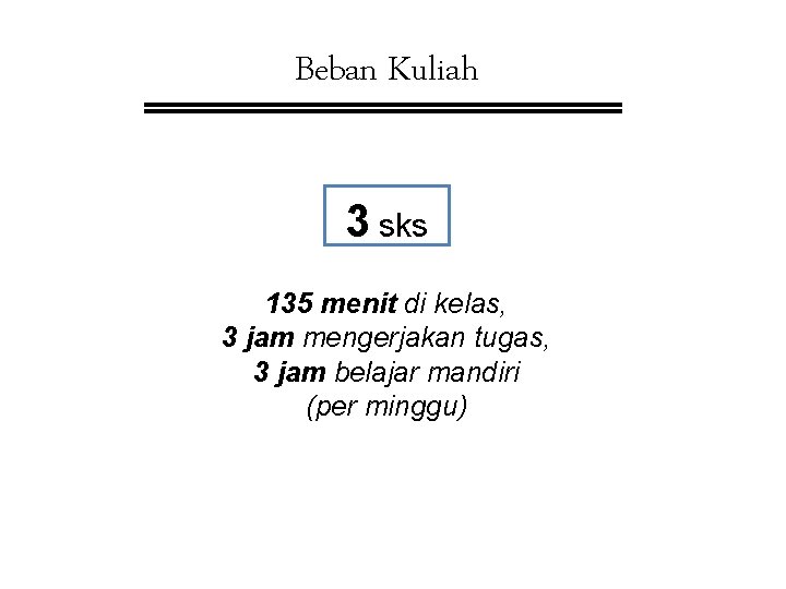 Beban Kuliah 3 sks 135 menit di kelas, 3 jam mengerjakan tugas, 3 jam