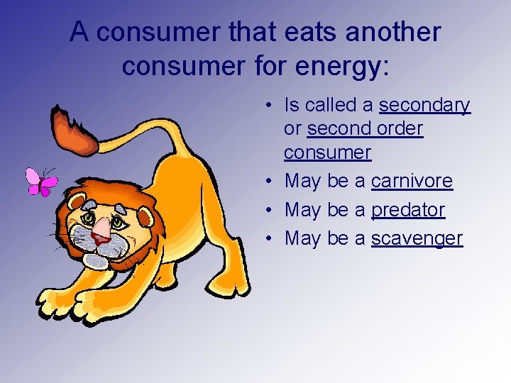 A consumer that eats another consumer for energy: • Is called a secondary or