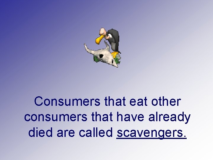 Consumers that eat other consumers that have already died are called scavengers. 