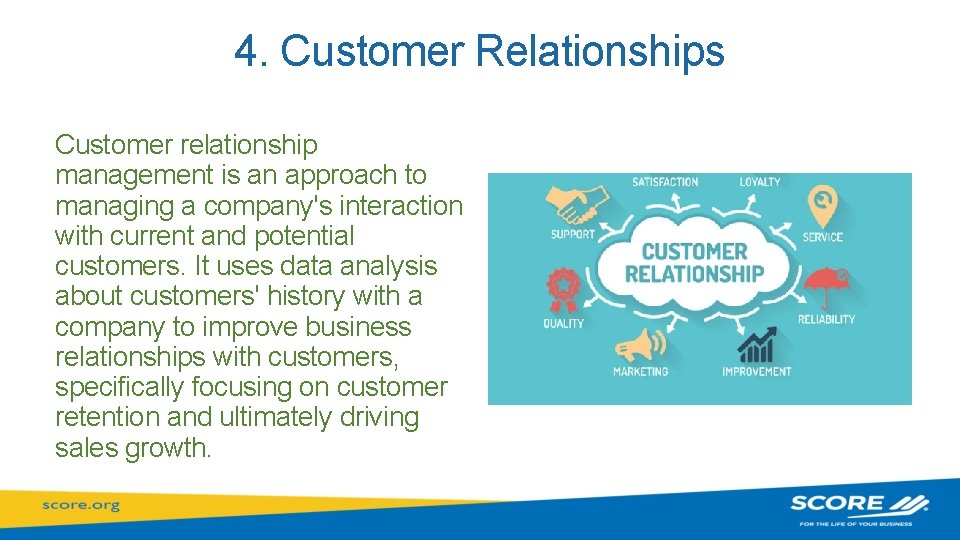 4. Customer Relationships Customer relationship management is an approach to managing a company's interaction