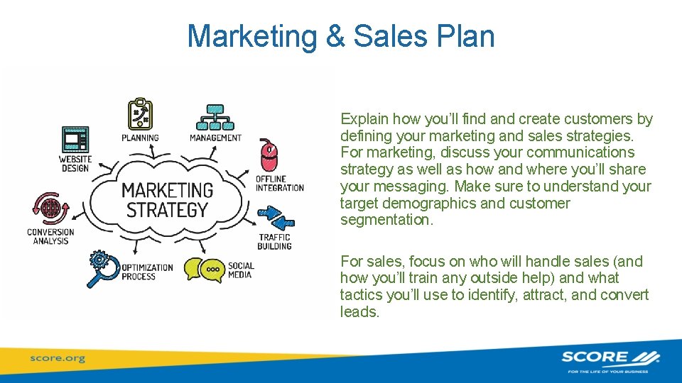 Marketing & Sales Plan Explain how you’ll find and create customers by defining your