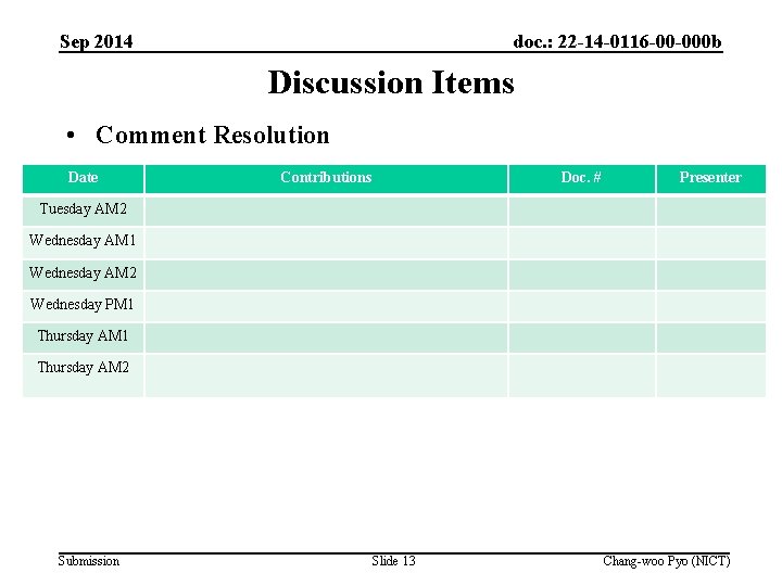 Sep 2014 doc. : 22 -14 -0116 -00 -000 b Discussion Items • Comment